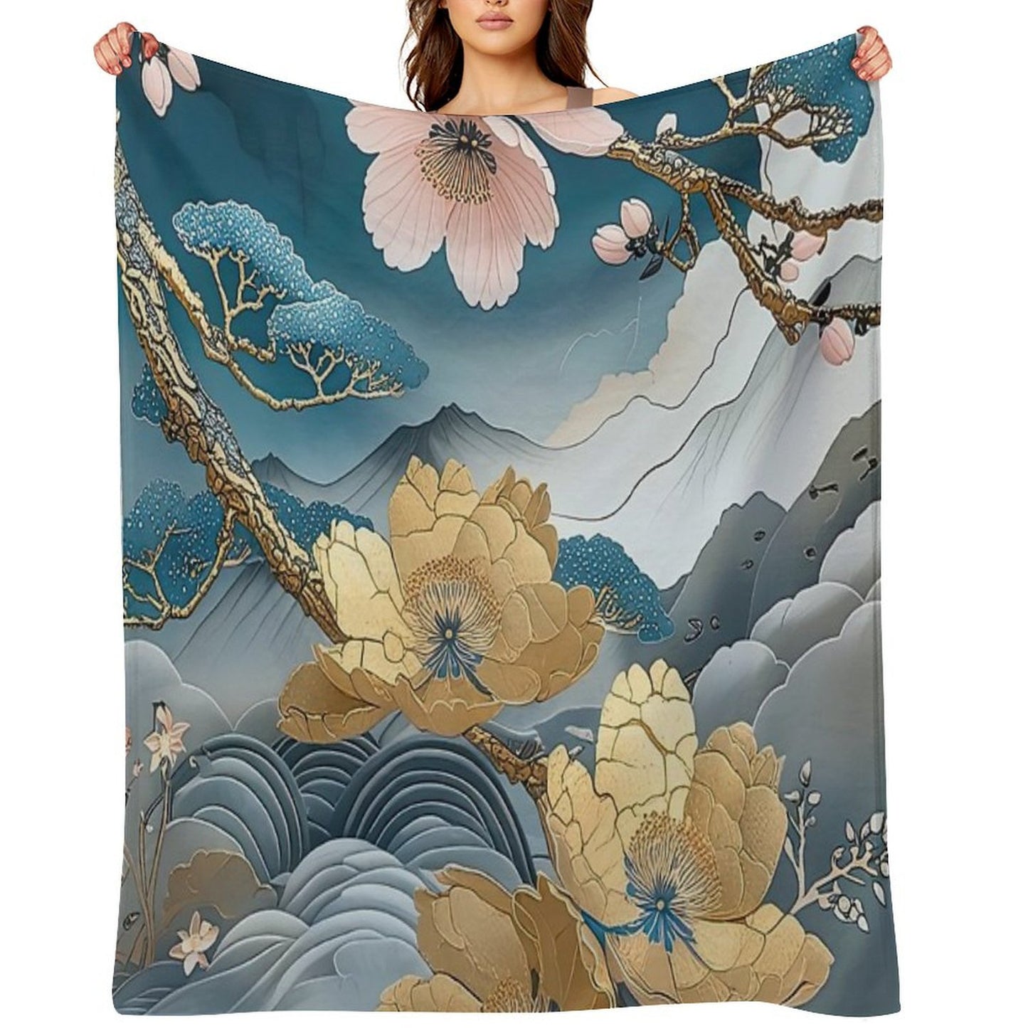 Kintsugi Japanese Floral Gold Botanical Art Anti-pilling Throw Blanket