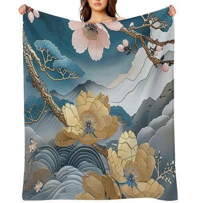 Kintsugi Japanese Floral Gold Botanical Art Anti-pilling Throw Blanket