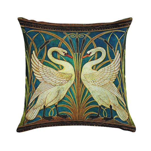 TWO WHITE SWANS AMONG REEDS IN BLUE Art Nouveau Animals Soft Reinforced Edging Throw Pillow