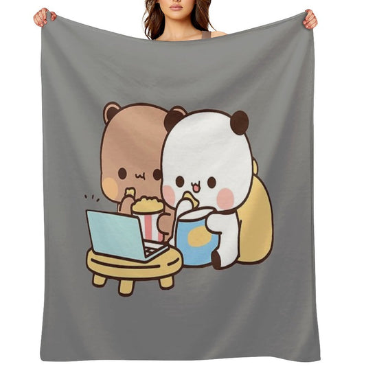 DuDu Bear And BuBu Panda Watching Movie Together❤️ Machine-washable Throw Blanket