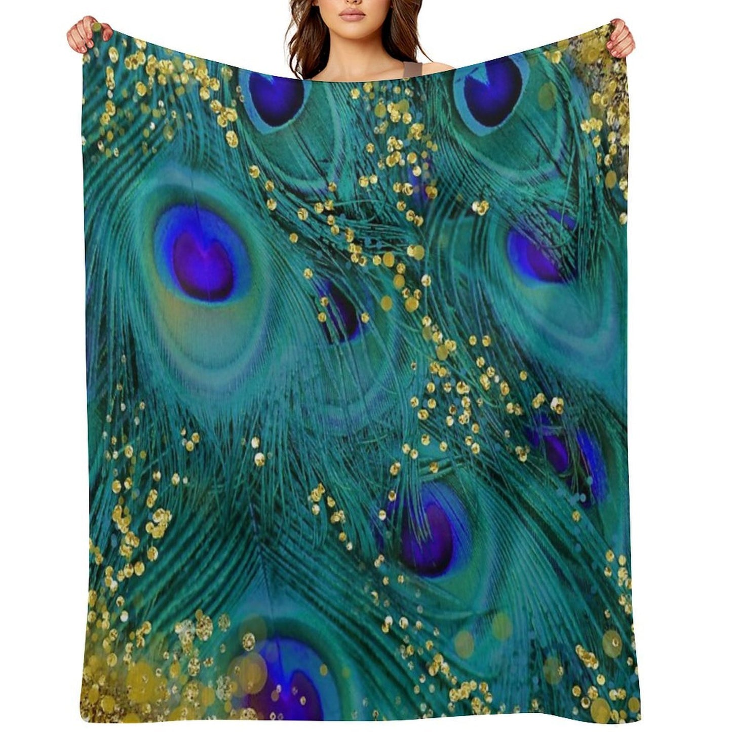 Dreamy Peacock Feathers, Teal And Purple, Glimmering Gold Travel-friendly Throw Blanket