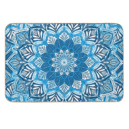 Boho Mandala in Monochrome Blue And White  Non-Slip Bath Mat