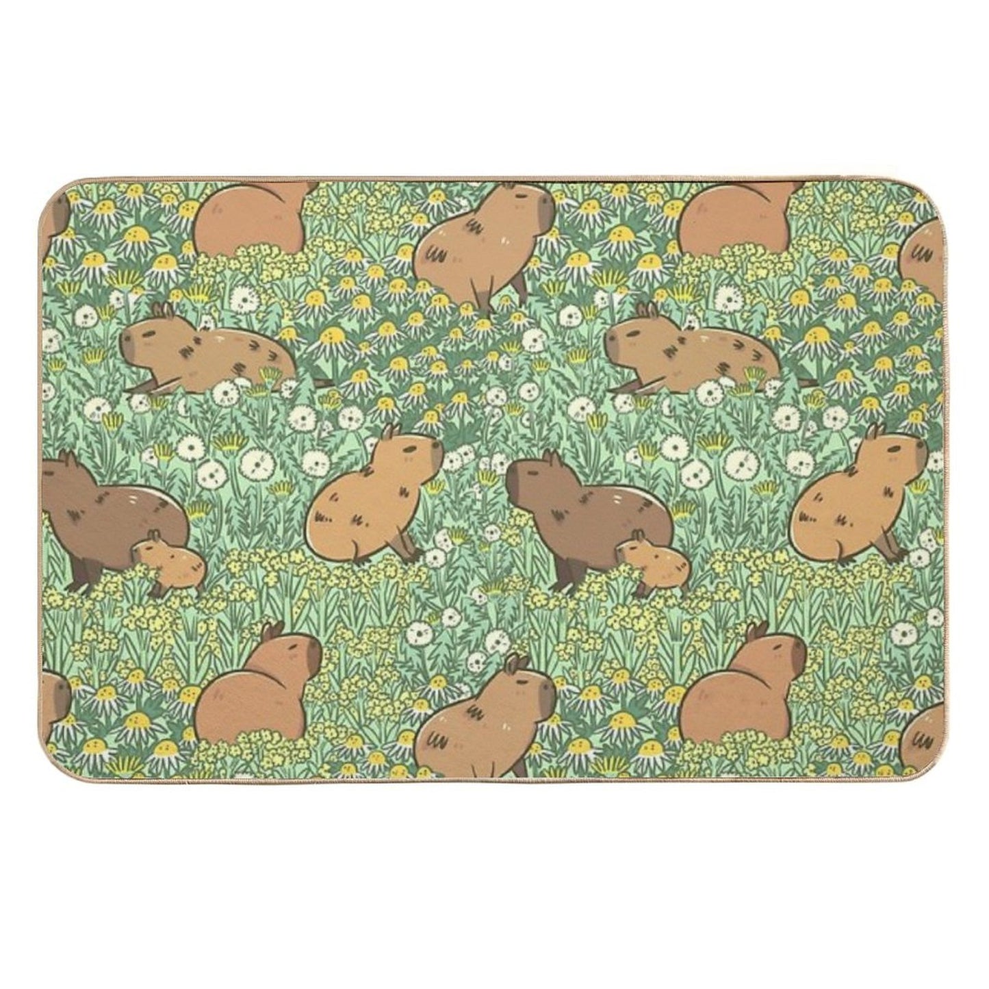 Capybaras Meadow in Green And Yellow  Non-Slip Bath Mat
