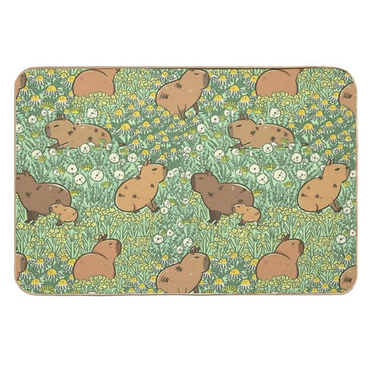 Capybaras Meadow in Green And Yellow  Non-Slip Bath Mat