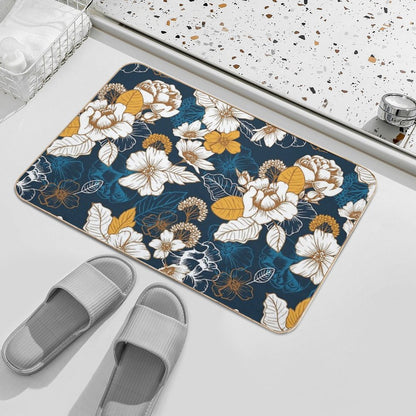 Navy And Gold Peony And Blossom Seamless Pattern  Rapid-Drying Bath Mat