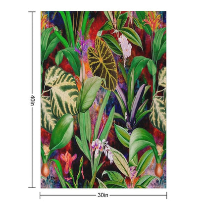 Exotic Tropical Foliage, Leaves And Flowers Tropical Pattern, Botanical Illustration, Red Blue Floral Illustration Versatility Throw Blanket