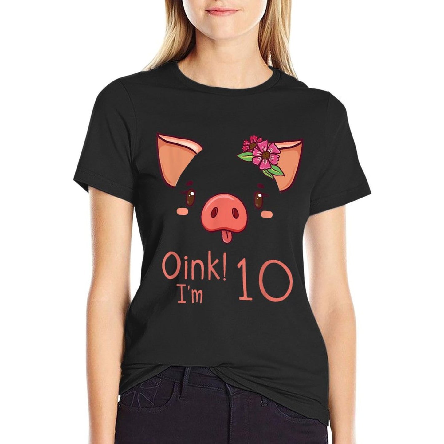 10th Birthday Pig Outfit Pig Face Gift 10 Year Old Girl Boy  Fade-proof Color T-Shirt