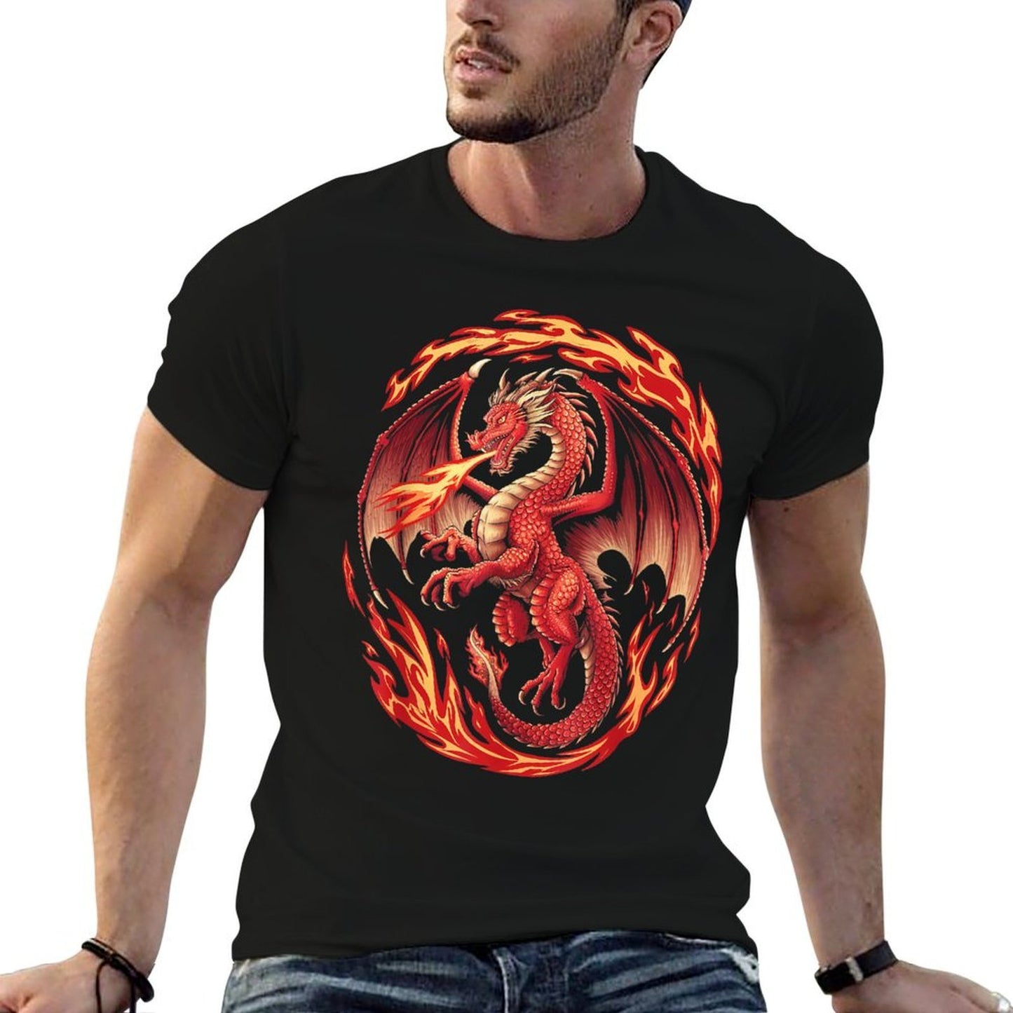 Mythical Red Dragon Breathes Fire On Clouds, Boy Girl Dragon  Relaxed-fit T-Shirt