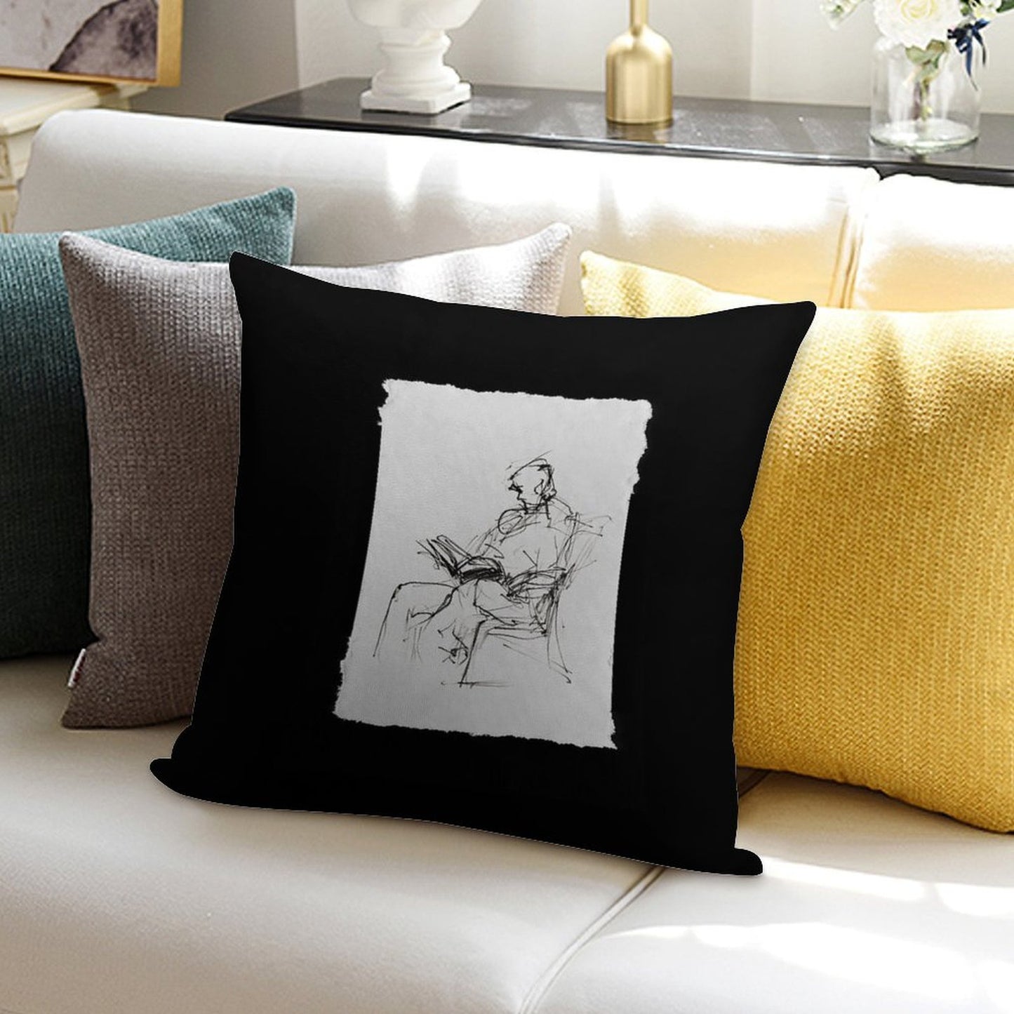 Abstract  Sketch of Person Reading Book in Armchair Soft Multiple Sizes Throw Pillow