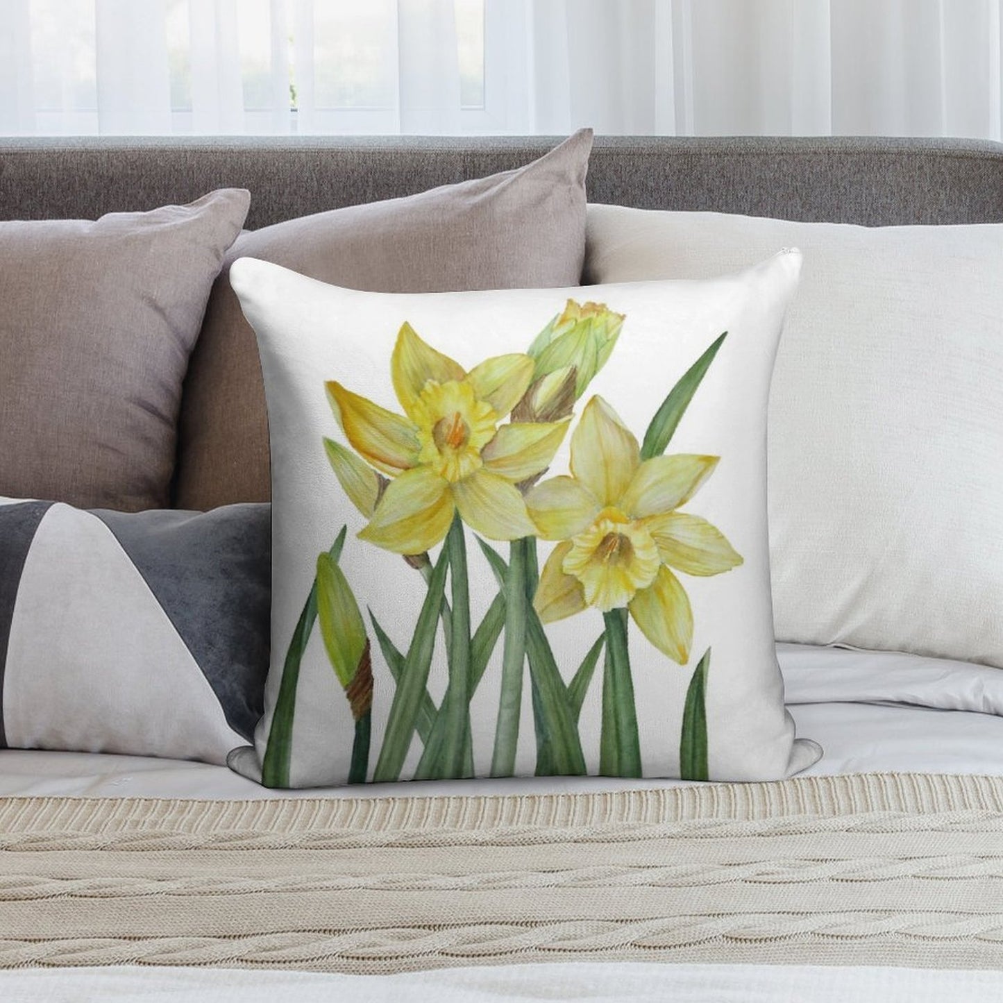 Watercolour Daffodils Botanical Illustration Soft Multiple Sizes Throw Pillow