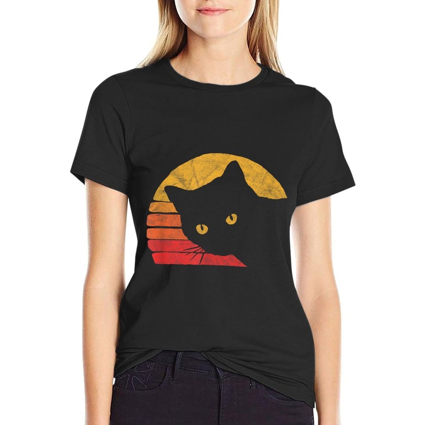 Vintage Eighties Style Cat Retro Distressed Design  Durable T-Shirt