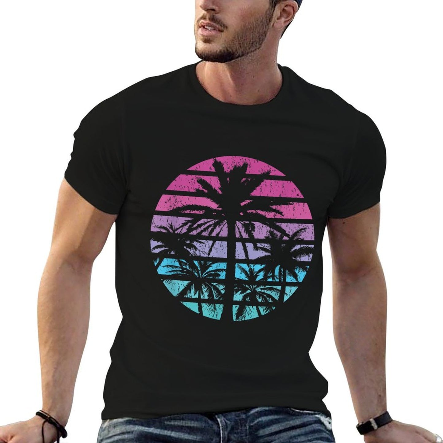 Palm Tree Retro Sunset Summer Beach Vintage Tropical Graphic  Durable T-Shirt