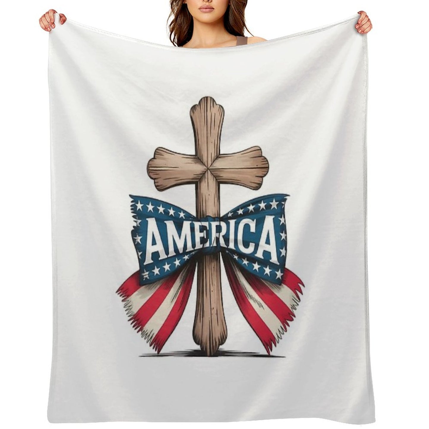 Christian Cross American Flag Bow Patriotic Shirt Eco-conscious Throw Blanket