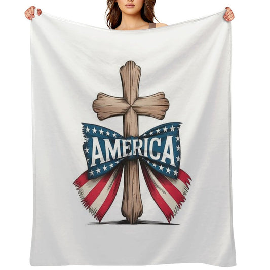Christian Cross American Flag Bow Patriotic Shirt Eco-conscious Throw Blanket