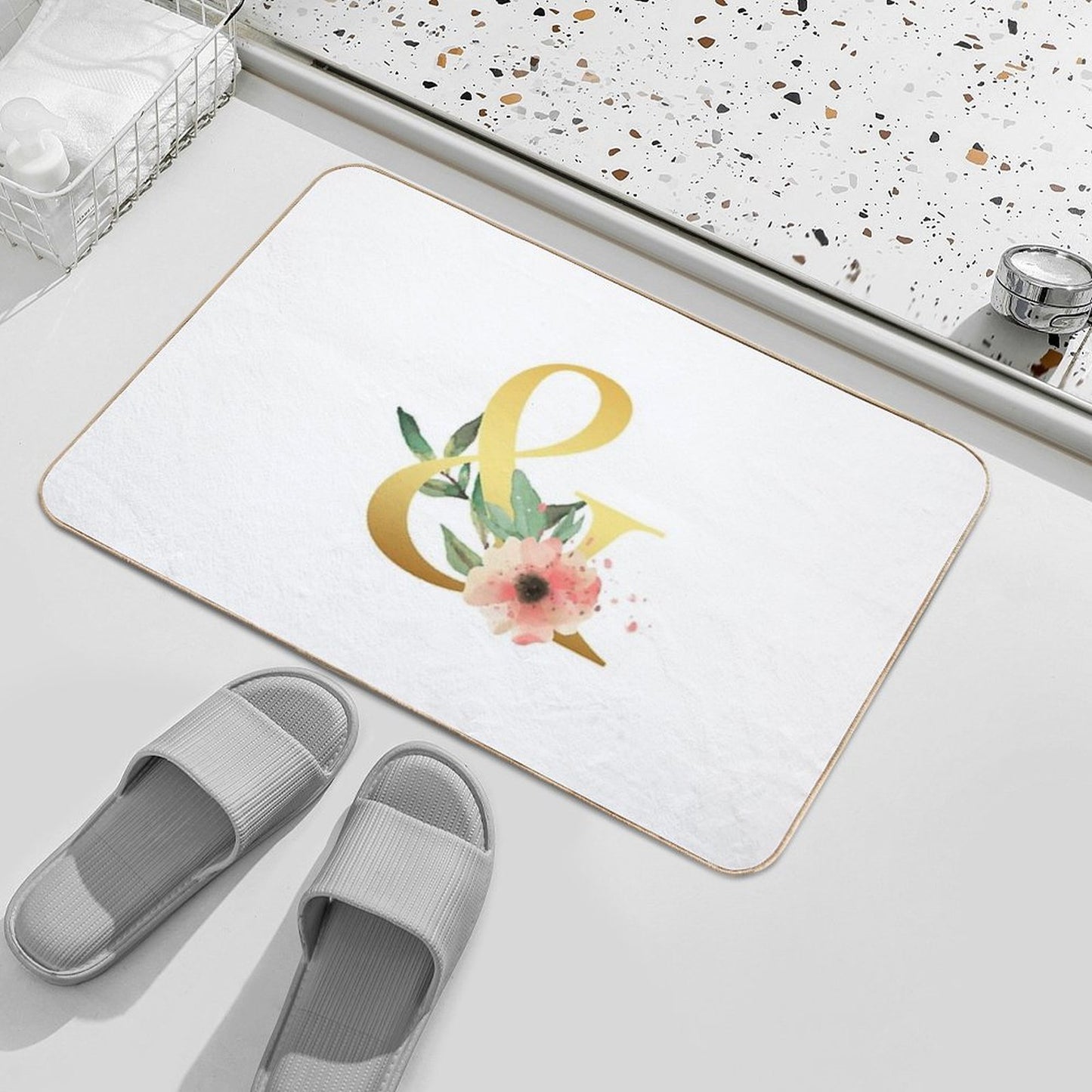 Floral Gold Monogram & Letter Art Ampersand  Long-Lasting Bath Mat
