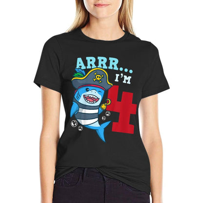 Kids 4th Birthday Pirate Shark I’m 4 Four Years Old Gift  Slim-fit Cut T-Shirt