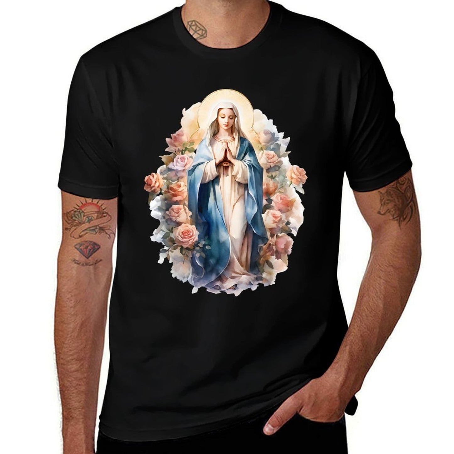 Blessed Mother Mary Mother of Jesus Roses Our Lady Catholic  Polyester Blend T-Shirt