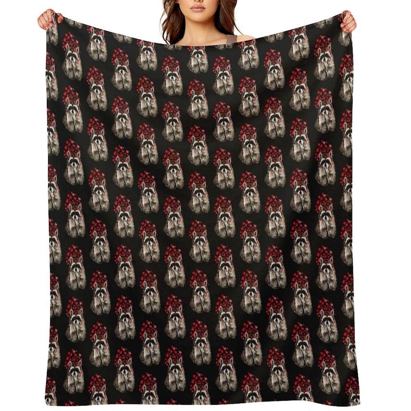 Cute Watercolor Raccoon Blowing Kisses & Hearts Sustainable Throw Blanket