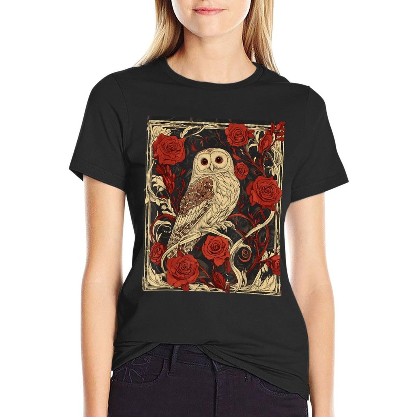 Art Nouveau Aesthetic Owl Roses Garden  Graphic-printed T-Shirt