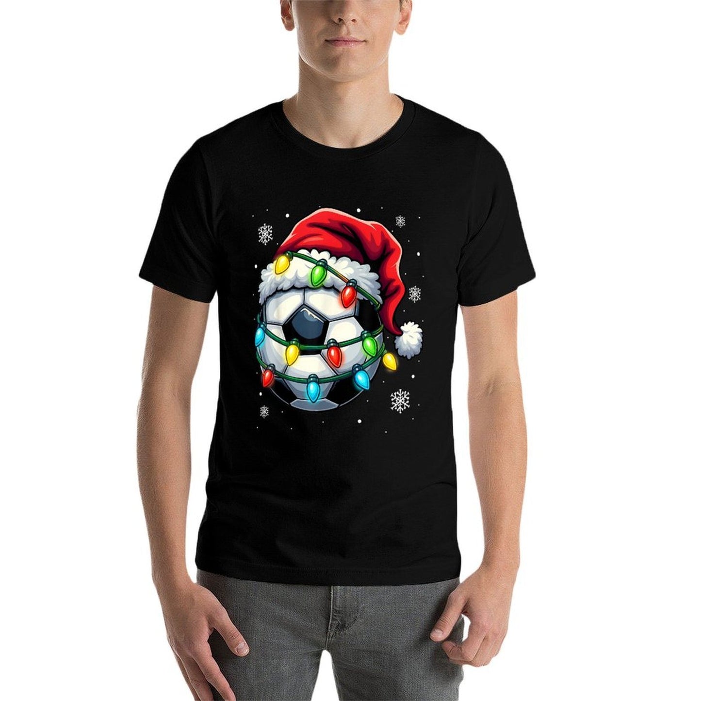 Christmas Soccer Ball Santa Hat Xmas Lights Funny Men Boys  Eco-friendly Material T-Shirt