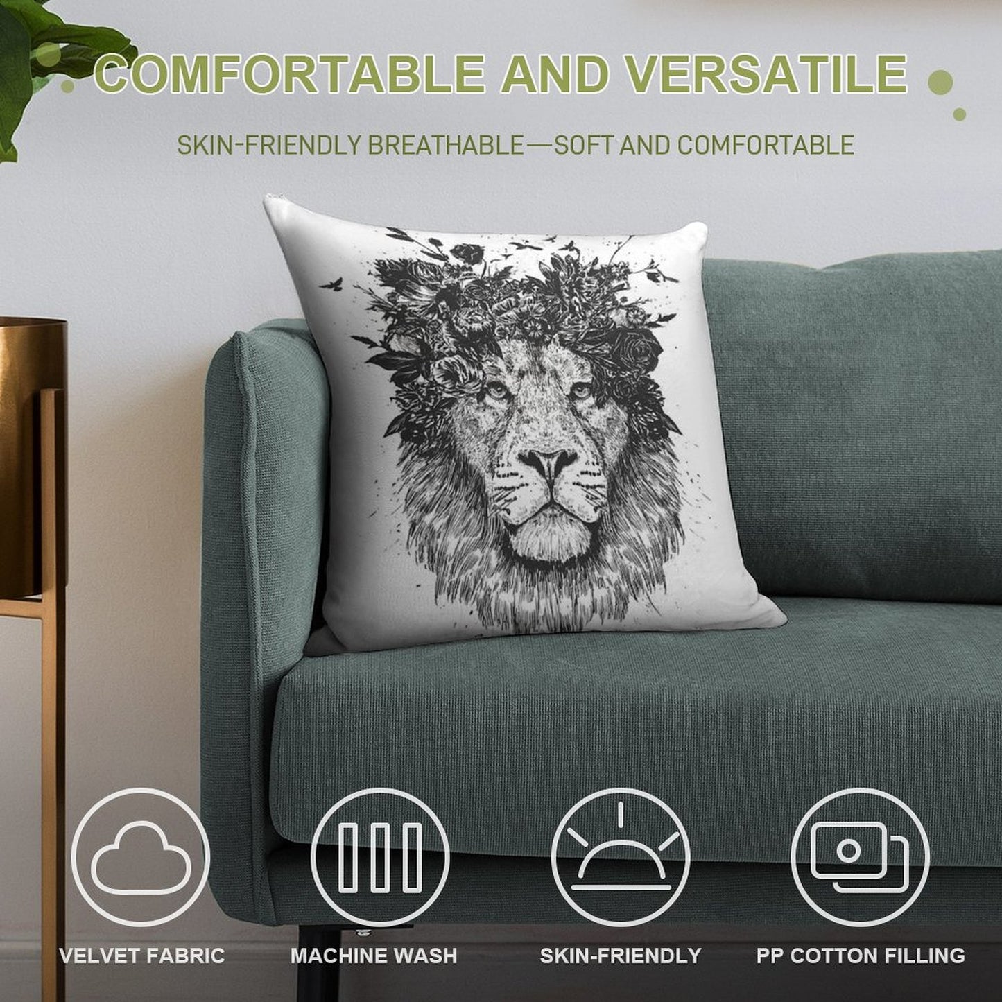 Floral Lion (bw) Soft Bedroom Essential Throw Pillow