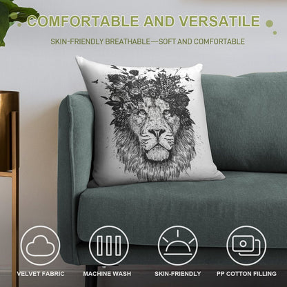 Floral Lion (bw) Soft Bedroom Essential Throw Pillow