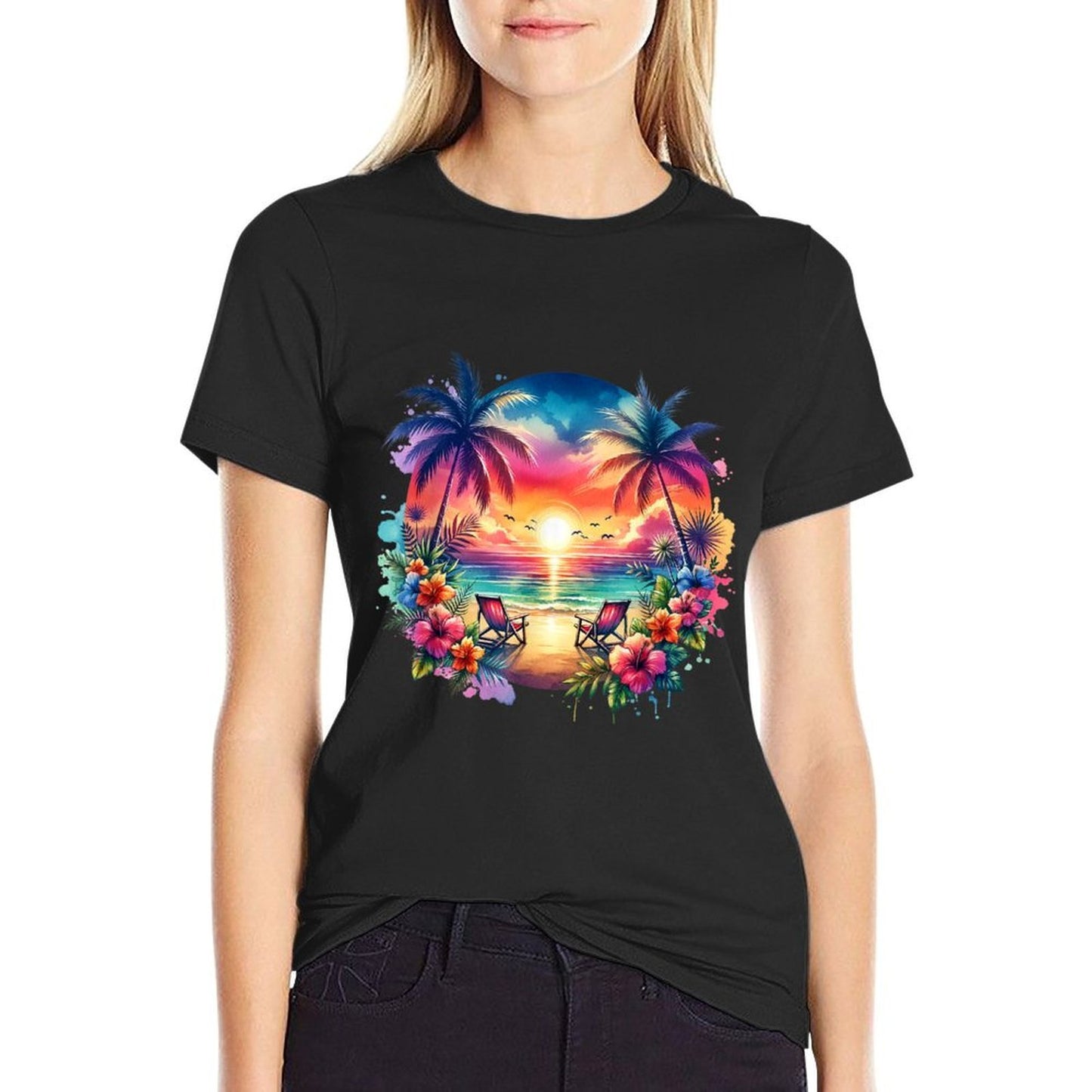 Tropical Island Beach Wave Sunset Scene  High-quality Stitching T-Shirt