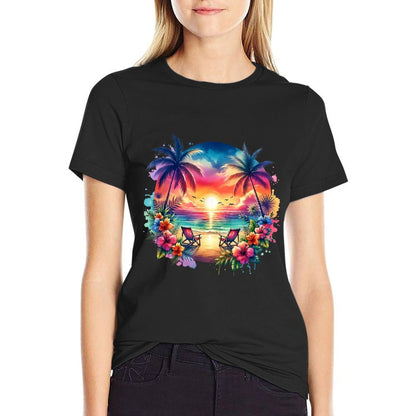 Tropical Island Beach Wave Sunset Scene  High-quality Stitching T-Shirt