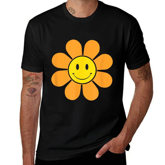 Orange 70s Retro Flower with A Yellow Smiling Face Summer  Affordable Price T-Shirt