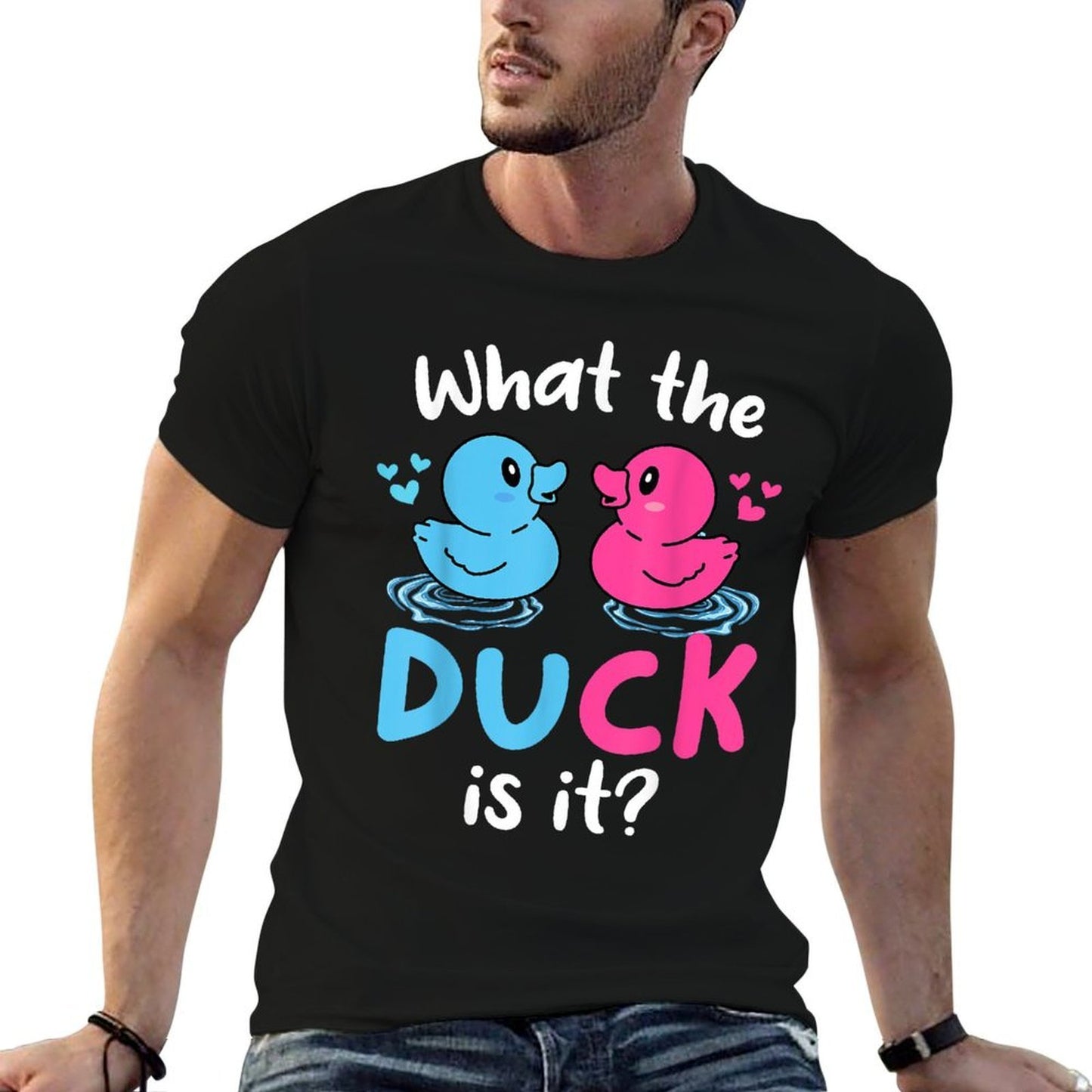 What The Ducks Is It Baby Gender Reveal Party Baby Shower  Ribbed Collar T-Shirt