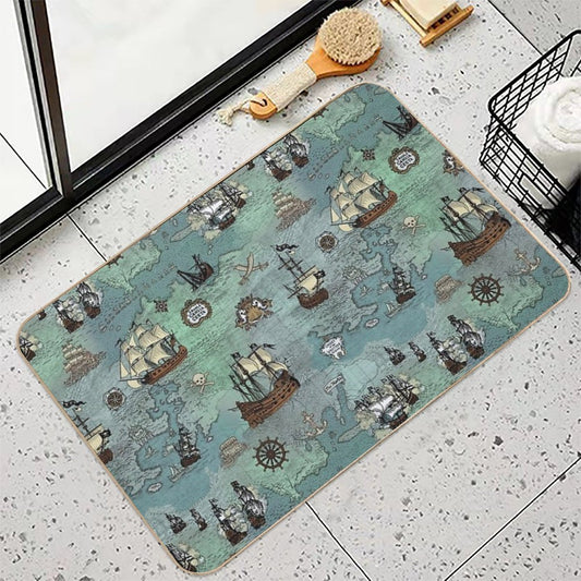 Pirate Map Nautical Sea Print Ocean Blue & Sea Glass Green  Versatile Bath Mat