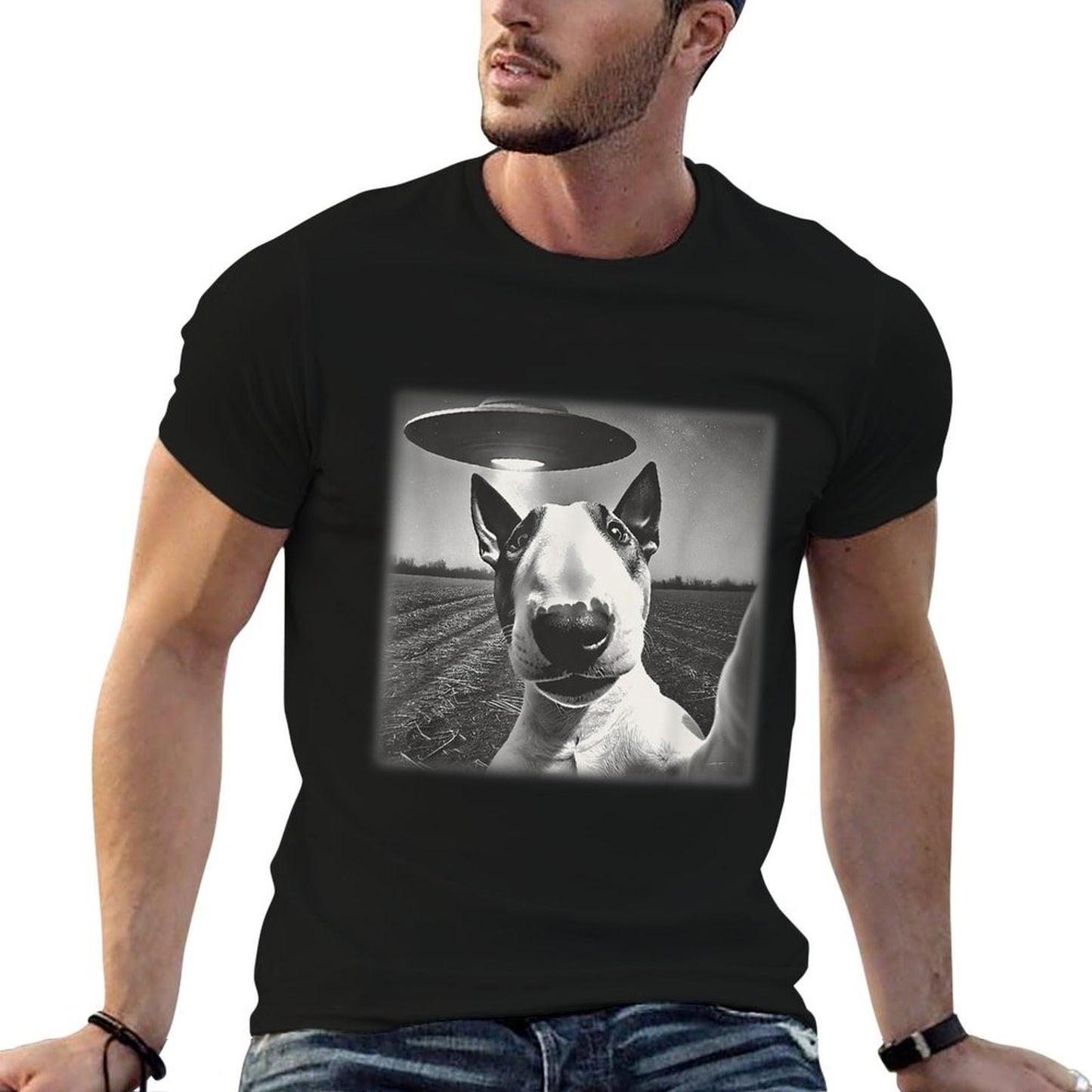 Vintage English Bull Terrier UFO Alien Selfie Dog Mom Dad Men Women Kids  Odor-resistant T-Shirt