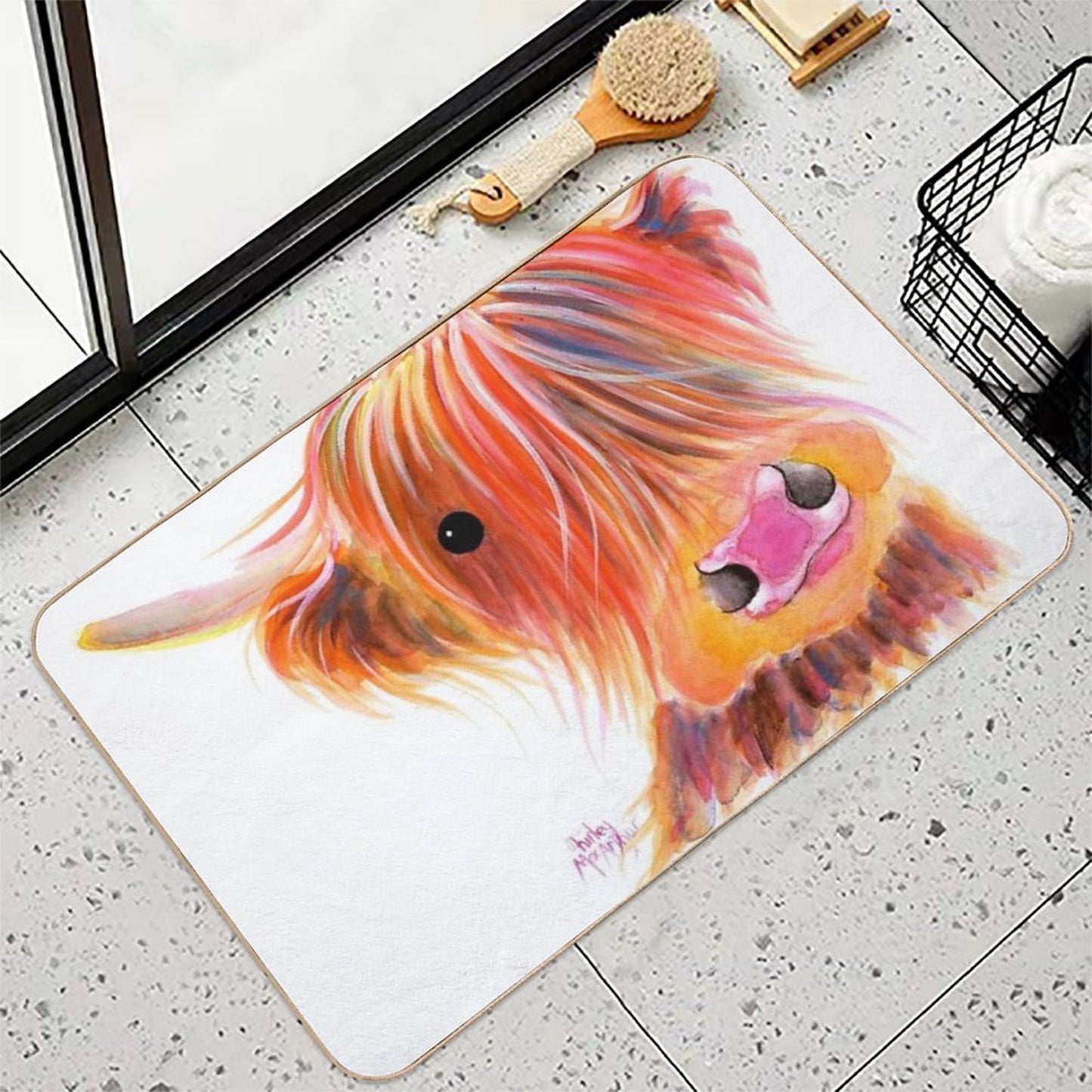 Scottish Highland Cow PRiNT ' SWEET SATSUMA ' by Shirley MacArthur  Eco-Friendly Bath Mat