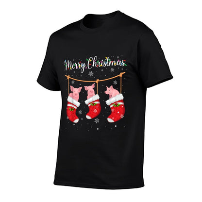 Pig in Xmas Socks Funny Holiday Ugly Sweater Christmas  Stretchy T-Shirt