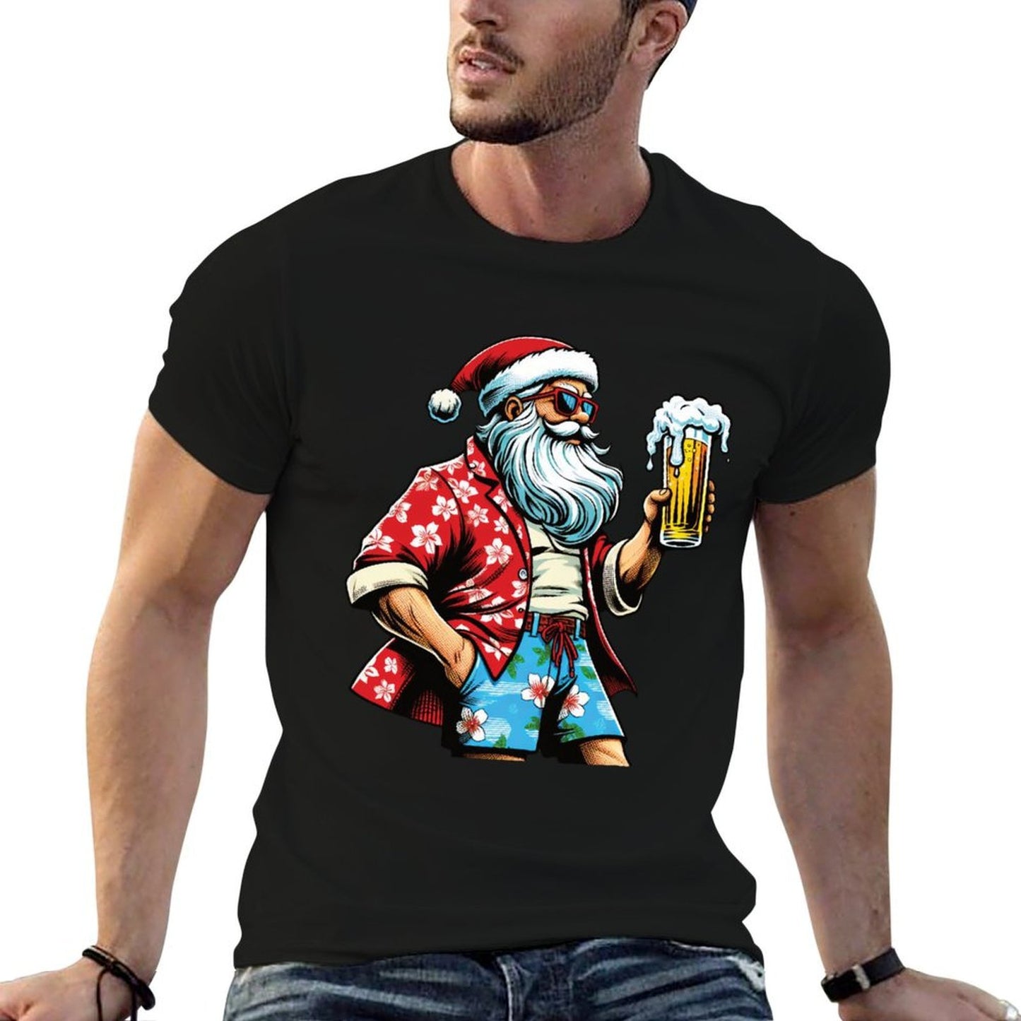 Hawaiian Christmas for Men Santa Beach Beer Lover Xmas  Lightweight T-Shirt