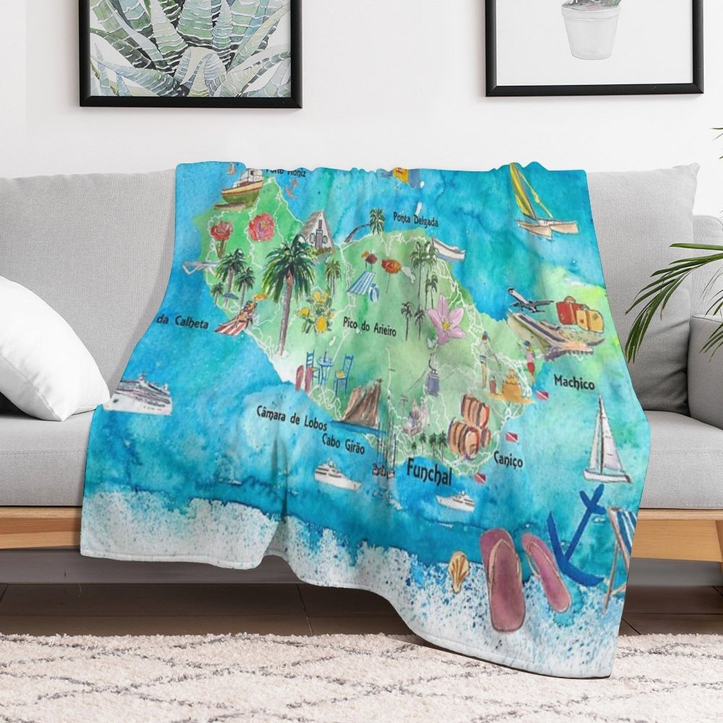 Madeira Portugal Island Illustrated Map with Landmarks And Highlights Anti-pilling Throw Blanket