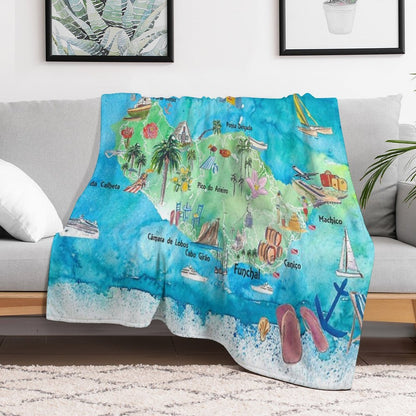 Madeira Portugal Island Illustrated Map with Landmarks And Highlights Anti-pilling Throw Blanket