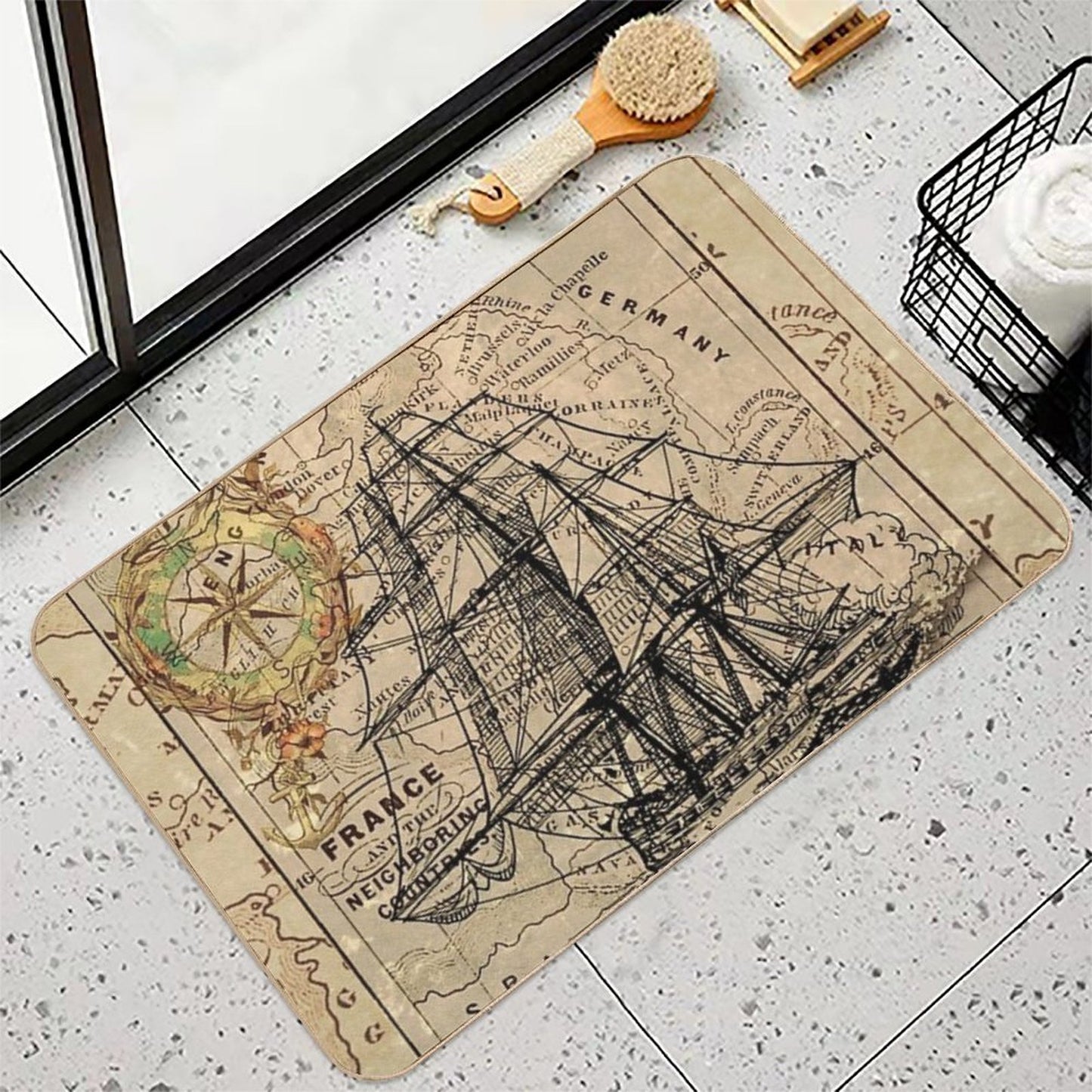 Dark Academia Vintage Pirate Ship Sailor Antique World Map  Stain-Proof Bath Mat