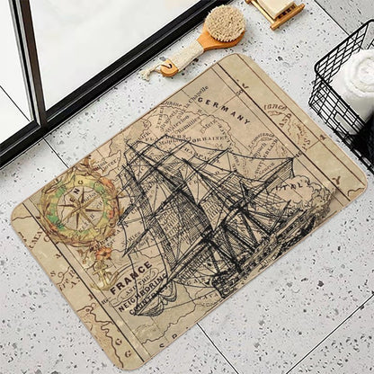 Dark Academia Vintage Pirate Ship Sailor Antique World Map  Stain-Proof Bath Mat