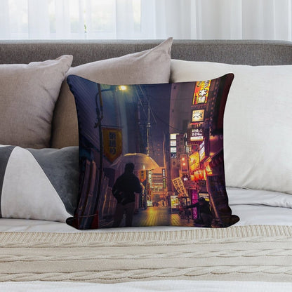 Neon Noir Street Reflecting The Warm Yellow And Orange Light from The Bar Area. Soft Durable Construction Throw Pillow