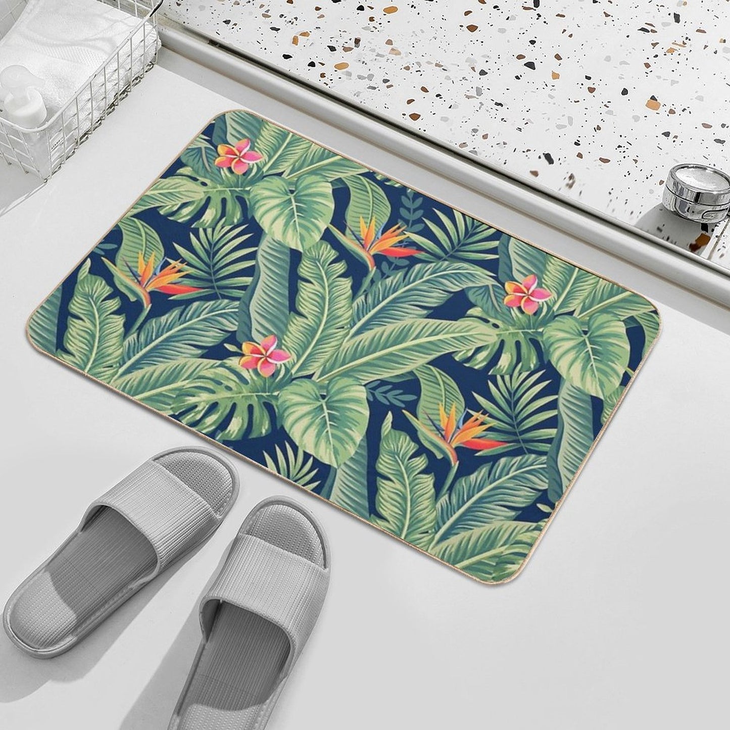 Tropical Banana Monstera Palm Leaves & Flowers  Non-Slip Bath Mat