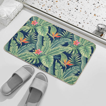 Tropical Banana Monstera Palm Leaves & Flowers  Non-Slip Bath Mat