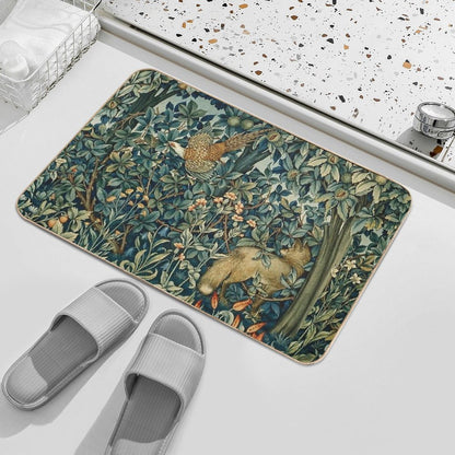 GREENERY, FOREST ANIMALS Pheasant And Fox Blue Green Floral Tapestry  Dirt-Trapping Bath Mat