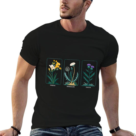 Freesia Dandelion Thistle Detailed Botanical Illustration Comfortable T-Shirt