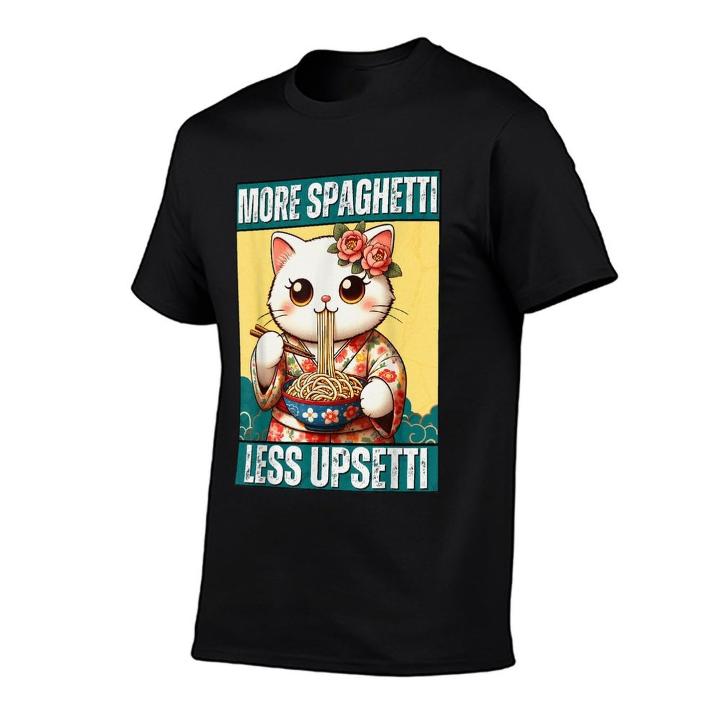 More Spaghetti Less Upsetti Funny Cat Eats Spaghetti Meme Men Women  Relaxed-fit T-Shirt