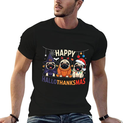 Pug Halloween Thanksgiving Christmas Happy HalloThanksMas  Breathable T-Shirt