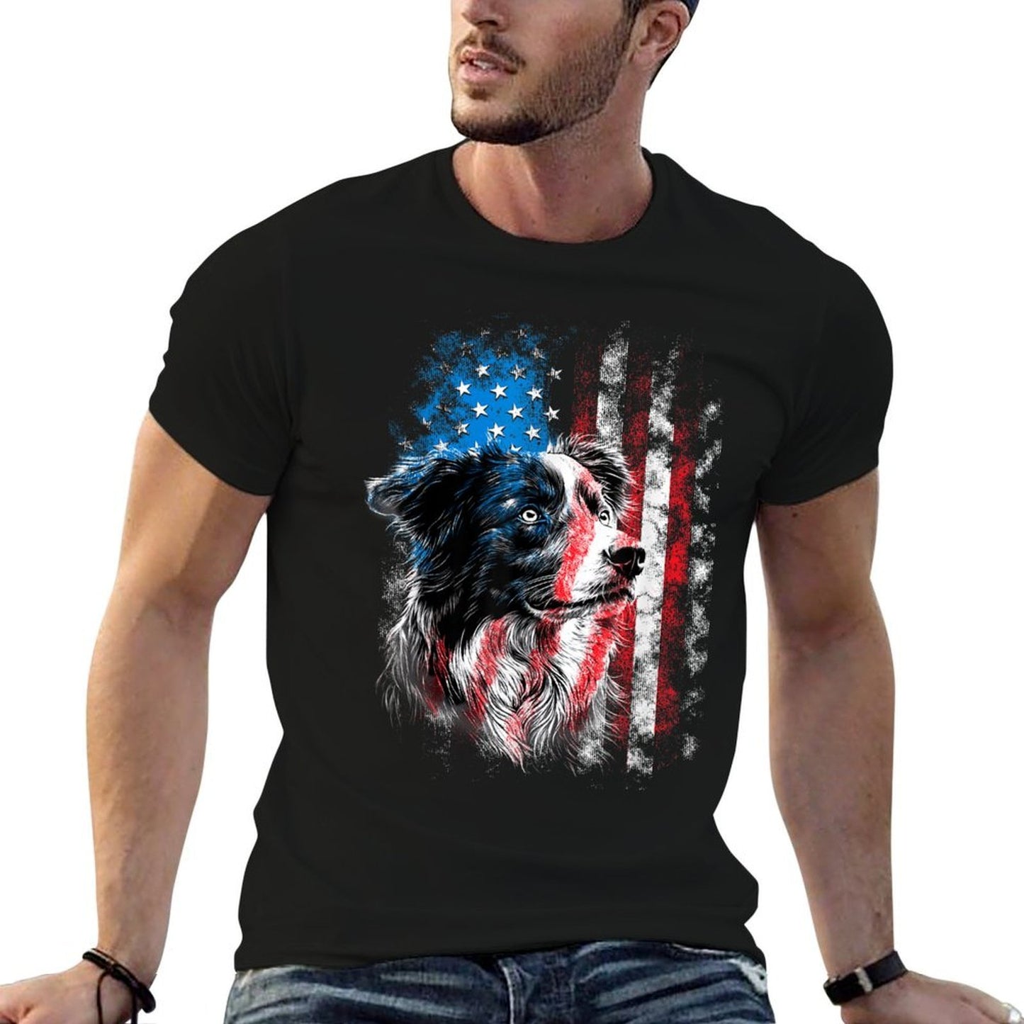 Australian Shepherd 4th of July Dog Lover Men Women  Rolled Sleeves T-Shirt