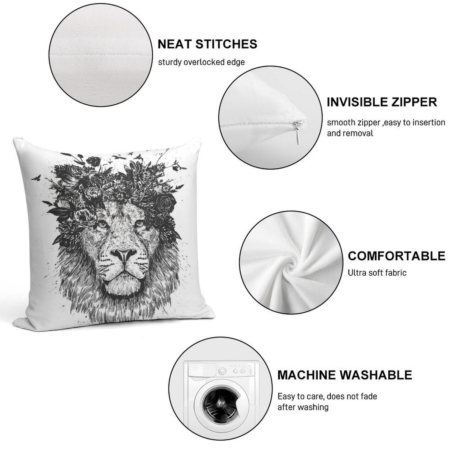 Floral Lion (bw) Soft Bedroom Essential Throw Pillow