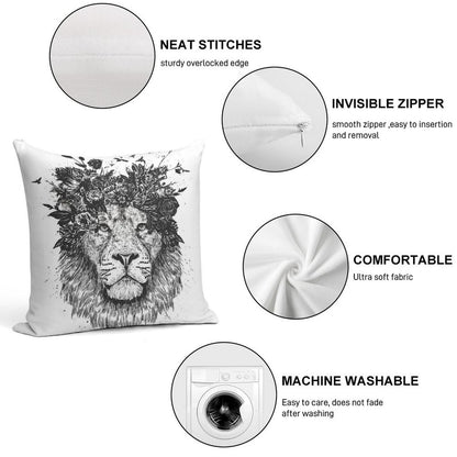 Floral Lion (bw) Soft Bedroom Essential Throw Pillow