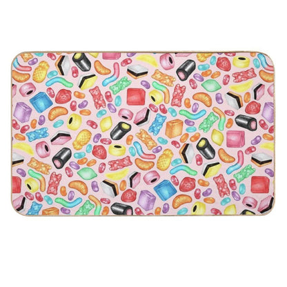 Rainbow Diet - A Colorful Assortment of Hand-drawn Candy on Pale Pink Durable Bath Mat